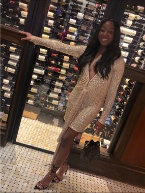 Sequin Long-Sleeve V-Neck Party Dress in Gold